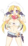  1girl arms_up black_gloves blonde_hair breasts cleavage covered_nipples double_v fang gloves gun large_breasts long_hair looking_at_viewer navel original purple_eyes shorts smile solo star-shaped_pupils star_(symbol) symbol-shaped_pupils unname v weapon 