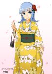  1girl absurdres bag blue_eyes blue_hair character_name commentary_request dated feet_out_of_frame floral_print flower full_body furisode hair_flower hair_ornament hatsukaze_(kancolle) highres hime_cut japanese_clothes kantai_collection kimono long_hair looking_at_viewer multiple_views sandals simple_background smile solo white_background yellow_kimono yuushou 