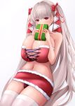  1girl absurdres alternate_costume azur_lane bare_shoulders box breasts christmas cleavage eyebrows_visible_through_hair formidable_(azur_lane) fur-trimmed_skirt fur_trim gift gift_box gintokyhenry highres holding holding_box huge_breasts long_hair looking_at_viewer microskirt platinum_blonde_hair red_eyes red_ribbon red_skirt ribbon simple_background skirt solo thighhighs two-tone_ribbon very_long_hair white_background white_legwear white_ribbon 