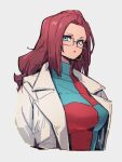  1girl alternate_hairstyle android_21 blue_eyes breasts checkered_clothes checkered_dress dragon_ball dragon_ball_fighterz dress earrings glasses grey_background hoop_earrings jewelry kemachiku labcoat long_hair looking_at_viewer medium_breasts red_hair simple_background solo upper_body 