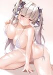  1girl \||/ absurdres areola_slip areolae azur_lane bikini blush bra breasts classic_(zildjian33) collarbone formidable_(azur_lane) frown hand_on_floor highres holding holding_bra holding_clothes holding_underwear large_breasts looking_at_viewer panties red_eyes side-tie_panties silver_hair simple_background sitting solo swimsuit twintails two-tone_ribbon underwear wariza white_background 