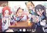  4girls :d animal_ear_headphones animal_ears arisu_(blue_archive) bangs black_hair blonde_hair blue_archive blue_bow blue_eyes blush bow cat_ear_headphones collared_shirt drink eyebrows_visible_through_hair fake_animal_ears green_eyes hair_between_eyes hair_bow halo headphones highres holding hood hood_down hooded_jacket indoors jacket long_hair looking_at_viewer midori_(blue_archive) momoi_(blue_archive) multicolored_clothes multicolored_jacket multiple_girls necktie official_art open_mouth phone_screen red_bow red_hair school_uniform shirt short_hair siblings sitting smile table thighhighs twins white_jacket wide_sleeves yukiyama_momo yuzu_(blue_archive) 