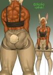  1girl animal_ears ass biceps boku_no_hero_academia breasts dark-skinned_female dark_skin from_behind gloves highres large_breasts lifting long_eyelashes mirko muscular muscular_female pants rabbit_ears rabbit_girl rabbit_tail red_eyes shosho_oekaki solo sports_bra tail tail_through_clothes thick_thighs thighs toned twitter_username weightlifting white_hair yoga_pants 