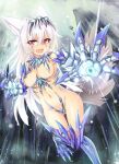  1girl animal_ears areola_slip areolae armor bikini_armor breasts fang long_hair looking_at_viewer medium_breasts navel original pink_eyes silver_hair solo tail unname very_long_hair wolf_ears wolf_girl wolf_tail 