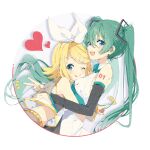  2girls ;p aqua_eyes aqua_hair aqua_nails back bare_shoulders blonde_hair blush bow breast_pillow crop_top detached_sleeves face_to_breasts flying_heart glomp hair_bow hair_ornament hairclip hatsune_miku head_on_chest heart highres hug index_finger_raised kagamine_rin long_hair midriff multiple_girls na_ta53 narrow_waist necktie number_tattoo one_eye_closed sailor_collar shirt shorts shoulder_tattoo sleeveless sleeveless_shirt tattoo tongue tongue_out twintails v very_long_hair vocaloid yellow_nails 