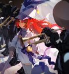  1girl 5others absurdres apple arknights bangs blue_bow bow bra closed_mouth commentary_request flag floating_hair food fruit green_eyes grey_legwear hair_between_eyes hat highres holding holding_instrument instrument long_hair long_sleeves multiple_others myrtle_(arknights) pointy_ears red_hair shako_cap skirt sleeves_past_wrists standing thighhighs trumpet underwear very_long_hair white_bra white_headwear white_skirt yorurui_sansan 