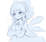  1girl arinu cirno ice ice_wings neck_ribbon puffy_short_sleeves puffy_sleeves ribbon short_hair short_sleeves simple_background smug solo touhou white_background wings 