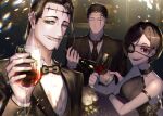  1girl 2boys absurdres alcohol bangs black_bow black_bowtie black_clover black_dress black_hair black_necktie black_suit blurry blurry_background bottle bouquet bow bowtie bracelet breasts buckle buttons character_name cleavage closed_eyes cup dante_zogratis dated depth_of_field dress drink drinking_glass expressionless eyepatch facial_hair facial_mark faux_traditional_media flower formal frit_2 goatee green_eyes grin hair_behind_ear hair_slicked_back highres holding holding_drink insignia jewelry looking_at_viewer multiple_boys mustache necktie o-ring open_mouth parted_bangs red_eyes rose see-through shirt short_hair siblings sideboob sideburns smile spade_(shape) strap tuxedo vanica_zogratis vest white_shirt wine wine_bottle wine_glass wing_collar zenon_zogratis 