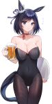  1girl absurdres akitsuki_(oenothera) alcohol animal_ears bare_shoulders beer beer_mug black_hair blue_eyes blush breasts choker cleavage collarbone commentary covered_navel cowboy_shot cup eishin_flash_(umamusume) flying_sweatdrops groin hair_ribbon highres holding holding_cup holding_tray horse_ears horse_tail large_breasts leotard looking_at_viewer mug pantyhose playboy_bunny_leotard ribbon scrunchie short_hair simple_background solo standing strapless strapless_leotard tail thighs tray umamusume white_background white_scrunchie 