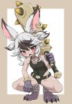  1girl animal_ears ass_visible_through_thighs bandages belt black_leotard blush bracelet character_request claws club_(weapon) fang grey_hair highres huge_weapon jewelry keven_(ewdx3754) leotard looking_at_viewer monster_girl open_mouth rabbit_ears red_eyes ring short_hair solo spiked_club spread_legs squatting thighs tower_of_saviors two_side_up weapon 