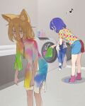  2girls alternate_color alternate_costume animal_ears bangs blonde_hair blue_hair covered_mouth detergent fox_ears hair_between_eyes highres kanpa_(campagne_9) kudamaki_tsukasa laundry long_sleeves multicolored_clothes multicolored_hairband multiple_girls musical_note rainbow_gradient ribbon romper short_hair stained_clothes surprised tenkyuu_chimata touhou washing_machine yellow_eyes 