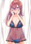  1girl absurdres bangs bare_shoulders blue_bra blue_eyes blush bra breasts brown_hair cleavage collarbone cowboy_shot eyebrows_visible_through_hair go-toubun_no_hanayome hair_between_eyes hands_on_own_face hands_up highres lingerie nakano_miku navel nose_blush panties parted_lips see-through standing stomach underwear yuzukimeo 