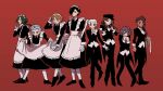  4boys 4girls ;d alternate_costume bernadetta_von_varley black_dress black_footwear black_hair black_pants blue_eyes blue_hair brown_hair caspar_von_bergliez crossdressing dorothea_arnault dress edelgard_von_hresvelg enmaided female_butler ferdinand_von_aegir fire_emblem fire_emblem:_three_houses formal full_body green_hair hair_over_one_eye highres hubert_von_vestra linhardt_von_hevring maid maid_headdress multiple_boys multiple_girls one_eye_closed orange_eyes orange_hair pant_suit pants petra_macneary purple_eyes purple_hair red_background simple_background smile suit tailcoat white_hair white_legwear yawning yuu_(primalmxy) 