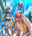  2girls absurdres beach bikini blue_bikini blue_eyes breasts cleavage day demon_girl glowing glowing_eyes highres humanoid_robot ibenz009 large_breasts liquid_metal looking_at_viewer multicolored_bikini multicolored_clothes multiple_girls navel one_eye_closed original outdoors pink_bikini robot striped striped_bikini swimsuit white_bikini 