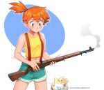  1girl absurdres bangs breasts bullet closed_mouth english_commentary eyebrows_visible_through_hair green_eyes gun hair_between_eyes highres holding holding_gun holding_weapon m1_garand mathias_leth midriff misty_(pokemon) navel orange_hair pokemon pokemon_(anime) pokemon_(classic_anime) pokemon_(creature) rifle short_hair shorts side_ponytail suspenders tied_hair togepi weapon 