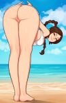  1girl artist_logo ass avatar:_the_last_airbender avatar_(series) bangs barefoot beach bent_over bikini bikini_top_only bottomless braid braided_ponytail breasts brown_eyes brown_hair cloud cloudy_sky english_commentary highres kneepits large_breasts legs legs_together lips long_hair loodncrood looking_at_viewer outdoors parted_bangs pussy shiny shiny_hair shiny_skin sidelocks single_braid sky smile solo swimsuit thighs ty_lee uncensored water white_bikini 