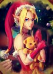  1girl ambitious_elf_jinx bangs bare_shoulders blonde_hair blue_eyes blurry blurry_background bow choker christmas clenched_hands closed_mouth collarbone fur-trimmed_gloves fur-trimmed_headwear fur_trim gloves hands_up hat holding holding_stuffed_toy jinx_(league_of_legends) league_of_legends looking_at_viewer official_alternate_costume orange_bow red_choker red_gloves red_headwear santa_hat stuffed_animal stuffed_toy teddy_bear wen_wei_dashi 