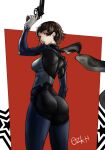  1girl artist_name ass black_bodysuit black_scarf blush bodysuit braid breasts crown_braid english_text gloves gun handgun highres holding holding_gun holding_weapon looking_at_viewer looking_back medium_breasts niijima_makoto ozkh parted_lips persona persona_5 red_eyes revolver scarf short_hair signature simple_background sketch solo spikes star_(symbol) weapon white_gloves 