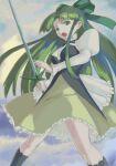  1girl black_legwear bow eyebrows_visible_through_hair fia_(riviera) frilled_skirt frills green_bow green_eyes green_hair green_skirt hair_bow hair_intakes holding holding_sword holding_weapon juliet_sleeves kneehighs legs_apart long_hair long_sleeves open_mouth puffy_sleeves riviera skirt solo sword vaison weapon 