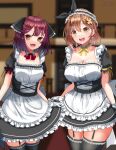  2girls :d apron atelier_(series) atelier_ryza atelier_sophie bangs black_legwear bow braid breasts brown_eyes brown_hair butterfly_hair_ornament cleavage cowboy_shot detached_collar earrings eyebrows_visible_through_hair fang garter_straps gloves hair_between_eyes hair_ornament hair_ribbon indoors jewelry large_breasts looking_at_viewer maid maid_apron maid_headdress medium_breasts multiple_girls red_hair red_ribbon reisalin_stout ribbon short_hair single_braid skin_fang smile soba_chatarou_(tita) sophie_neuenmuller star_(symbol) star_earrings thighhighs white_gloves yellow_bow yellow_ribbon 