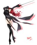  1girl absurdres arm_support artist_name ass bangs black_footwear black_legwear black_leotard black_ribbon breasts cleavage collarbone dated gloves hair_ribbon high_heels high_ponytail highres holding holding_weapon leotard long_hair looking_at_viewer looking_back open_mouth ozkh persona persona_5 persona_5_the_royal red_eyes red_gloves red_hair ribbon shadow signature simple_background smile solo sword thighhighs thighs tied_hair weapon white_background yoshizawa_kasumi 