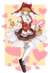  1girl absurdres apple apron bare_shoulders basket blonde_hair breasts elbow_gloves floating food frilled_skirt frills fruit full_body garter_straps gloves golden_apple heart highres idunn_(megami_tensei) light_blue_eyes looking_at_viewer shin_megami_tensei shin_megami_tensei_v shoes short_hair skirt sleeveless small_breasts smile solo thighhighs 