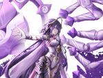  1girl armor armored_leotard boots breasts bridal_gauntlets cleavage extra_arms fake_horns genshin_impact hair_between_eyes hair_ornament helmet highres horned_helmet horns japanese_clothes large_breasts leg_armor long_hair mechanical_arms mole mole_under_eye outstretched_arm purple_eyes purple_hair purple_nails raiden_shogun sych1590 thigh_boots thighhighs very_long_hair white_background 