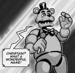  2022 animatronic anthro black_background bow_tie chris_chan christian_weston_chandler clothing dialogue emanata english_text eyebrows five_nights_at_freddy&#039;s freddy_(fnaf) galactabee grey_background greyscale hat headgear headwear holding_microphone holding_object humor machine male mammal meme microphone monochrome offscreen_character open_mouth pattern_background robot scottgames simple_background solo standing striped_background talking_to_another teeth text top_hat ursid video_games 