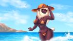  16:9 5_fingers absurd_res anthro beach big_breasts bikini black_body black_fur bovid breasts caprine clothed clothing curvy_figure female fingers fur hat headgear headwear hi_res horn looking_at_viewer mammal markings mole_(marking) mouthless orange_clothing orange_swimwear raychell sea seaside sheep solo summer swimwear water were werecaprine weresheep widescreen wool_(fur) xalda_(future_ver.) 