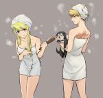  2girls animal back_tattoo bangs bare_arms bare_legs bare_shoulders blonde_hair blue_eyes blush breasts cleavage collarbone dog fullmetal_alchemist grey_background hair_between_eyes highres holding holding_animal leaning_forward looking_at_viewer looking_back medium_breasts multiple_girls naked_towel profile red_eyes riza_hawkeye shiny shiny_hair short_hair shsh8860 sidelocks standing tattoo towel winry_rockbell 