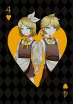  absurdres blonde_hair blue_eyes bow brother_and_sister four_of_hearts glowing glowing_eyes hair_ornament hairclip highres hitobashira_alice_(vocaloid) holding_hands kagamine_len kagamine_rin ribbon sassan_x siblings smile vocaloid 