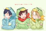  3boys :d black_hair blue_eyes blue_scarf blush brown_hair crossed_arms eye_contact glasses green_eyes hair_over_one_eye hood jinnai_enta kappa_costume karushiumu_shougyo kuji_toi light_brown_hair looking_at_another lying male_focus multiple_boys on_stomach red_eyes red_scarf sarazanmai scarf simple_background smile socks yasaka_kazuki yellow_scarf 