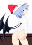  1girl ass bat_wings blue_hair blush bow breasts hand_on_own_ass hat hat_bow highleg highleg_leotard highres hip_focus huge_ass kagayama_hajime leotard looking_at_viewer red_eyes remilia_scarlet room seductive_smile small_breasts smile touhou turtleneck turtleneck_leotard white_leotard wings 