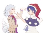  2girls angel_wings bangs beige_jacket black_capelet blue_eyes blue_hair blush book bow bowtie braid capelet chinese_commentary closed_mouth clothes_pull collared_dress commentary_request doremy_sweet dress eyebrows_visible_through_hair feathered_wings finger_to_head french_braid from_side grabbing_another&#039;s_chin hair_between_eyes half_updo hand_on_another&#039;s_chin hat highres holding holding_book idaku kishin_sagume long_sleeves looking_at_another multiple_girls pom_pom_(clothes) purple_dress red_bow red_bowtie short_hair short_sleeves silver_hair simple_background single_wing smile standing tail tapir_tail touhou white_background white_dress wing_collar wings 