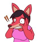  anthro canid canine clothing crisis-omega exclamation_point female fox fur mammal purple_clothing purple_shirt purple_topwear red_body red_fur shirt shocked shocked_expression simple_background solo sophia_(crisis-omega) topwear white_background 