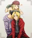  1boy 1girl ;) ahoge bandana black_bandeau black_jacket black_pants blonde_hair blue_eyes bra braid braided_ponytail brown_bandana brown_eyes closed_mouth coat collarbone ear_piercing edward_elric frown fullmetal_alchemist gloves green_gloves grey_background grey_pants hair_intakes highres holding hood hood_down hooded_coat jacket long_hair midriff navel one_eye_closed open_clothes open_coat pants piercing ponytail red_coat shiny shiny_hair shsh8860 single_braid smile stomach strapless strapless_bra sweatdrop underwear winry_rockbell 