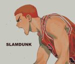  1boy copyright_name dam_(okdam3) highres jersey leaning_forward male_focus open_mouth orange_hair profile sakuragi_hanamichi short_hair simple_background slam_dunk sweat thick_eyebrows upper_body 