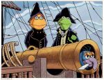  2021 amphibian anthro big_nose blue_body bruce_mccorkindale cannon cloud crossover eyewear frog glasses gonzo_(muppets) green_body group hair hi_res horizontal_pupils kermit_the_frog knife male master_and_commander:_the_far_side_of_the_world muppet muppets parody pirate pirate_hat pirate_outfit pupils ranged_weapon red_hair rope scooter_(muppets) ship the_muppet_show vehicle watercraft weapon yellow_body 