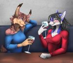  2022 5_fingers akira_volfsar anthro blue_eyes breasts brown_hair bubble canid canine clothed clothing digital_media_(artwork) drunk drunk_bubble dunk duo eyebrows eyelashes felid feline female fingers hair hi_res lynx mammal smile substance_intoxication 