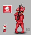  2021 absurd_res animate_inanimate big_breasts black_nipples black_pussy bodily_fluids bottomless breasts clothed clothing curvy_figure english_text female fire_extinguisher for_a_head front_view full-length_portrait genital_fluids genitals grey_background hi_res huge_breasts humanoid nipple_slip nipples not_furry object_head portrait pussy pussy_juice red_body redviewer_55 simple_background solo standing text 