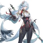  1girl absurdres blue_eyes bodysuit braid breasts covered_navel echj fingerless_gloves genshin_impact gloves hair_ornament hair_over_one_eye highres hip_vent holding holding_weapon large_breasts polearm shenhe_(genshin_impact) solo weapon white_hair 