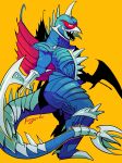  2019 alien ambiguous_gender anthro arm_blades beak biped blue_body blue_skin cybernetics cyborg fingerless gigan godzilla_(series) hi_res kaiju koroguchi machine membrane_(anatomy) membranous_wings monster open_mouth red_membrane sharp_teeth signature simple_background solo spiked_tail spikes spikes_(anatomy) standing teeth toho weapon_arm wings yellow_background 