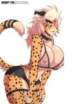  2022 5_fingers alexandra_(velocitycat) anthro areola big_breasts black_nose black_spots blonde_hair bra breasts cheetah clothed clothing digital_media_(artwork) eyelashes fangs felid feline female fingers fishnet fishnet_bra fishnet_legwear fur hair inner_ear_fluff legwear long_hair looking_at_viewer mammal nipple_piercing nipples open_mouth piercing pupils purple_eyes sagestrike2_(artist) simple_background slit_pupils solo spots spotted_body spotted_fur text tuft underwear url whiskers white_background 