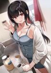  1girl bare_shoulders black_hair blue_shirt breasts buttons cleavage coffee_mug cup hand_up indoors jacket long_hair long_sleeves looking_at_viewer loungewear medium_breasts mug nishizawa open_clothes open_jacket open_mouth original red_eyes shirt sleeveless sleeveless_shirt smile solo spaghetti_strap white_jacket 