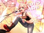 artist_name bangs blue_eyes boots choker denim fate/grand_order fate_(series) highres holding holding_microphone jeans leaning_forward lock meltyrice microphone midriff miyamoto_musashi_(fate) outstretched_arm pants stage_lights swept_bangs tank_top torn_clothes torn_jeans torn_pants 