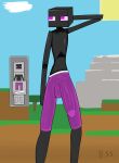  absurd_res anthro big_penis black_body bottomwear bulge clothing enderman gameplay_mechanics genital_outline genitals hand_behind_head hi_res ll-ss looking_away male microsoft minecraft mojang not_furry pants penis penis_outline purple_bottomwear purple_clothing purple_eyes purple_pants signature slim solo standing sun translucent translucent_clothing video_games xbox_game_studios 