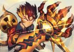  1boy armor claw_(weapon) fang gauntlets hair_slicked_back hatiue_(hachi) kazuma_(scryed) lens_flare light_particles looking_at_viewer male_focus orange_eyes pauldrons red_hair scryed shoulder_armor smile solo spiked_hair teeth weapon 