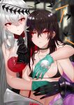  2girls absurdres aqua_gloves arknights ascot bare_shoulders bikini black_ascot black_bikini black_choker bodysuit breasts brown_hair choker collar collarbone commentary_request dress ear_piercing girls&#039;_frontline girls&#039;_frontline_neural_cloud gloves hair_between_eyes hair_ornament hairclip hand_on_another&#039;s_hand hand_on_another&#039;s_stomach hatsuchiri_(girls&#039;_frontline_nc) highres hug hug_from_behind korean_commentary long_hair looking_at_another medium_breasts mole mole_under_eye multiple_girls navel off_shoulder open_wetsuit parted_lips piercing red_dress red_eyes silver_hair simple_background skadi_(arknights) skadi_the_corrupting_heart_(arknights) swimsuit upper_body wetsuit yinqianren 