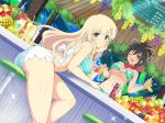  2girls aqua_bikini aqua_eyes ass asuka_(senran_kagura) bikini blonde_hair blush breasts brown_eyes closed_mouth cocktail cocktail_glass cup drinking_glass food fruit green_bikini hair_ornament hair_ribbon hairclip large_breasts long_hair looking_at_viewer multiple_girls navel official_art one_eye_closed open_mouth ponytail red_scarf ribbon scarf senran_kagura senran_kagura_new_link short_ponytail sitting smile striped striped_bikini swimsuit underboob white_ribbon yaegashi_nan yomi_(senran_kagura) 