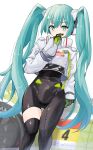  aqua_eyes bangs black_bodysuit black_gloves black_legwear bodysuit car commentary_request covered_mouth eyebrows_visible_through_hair gloves green_gloves green_hair ground_vehicle hair_between_eyes hand_to_own_mouth hatsune_miku highres jacket long_sleeves looking_at_viewer motor_vehicle puffy_long_sleeves puffy_sleeves racing_miku simple_background single_thighhigh sleeves_past_wrists thighhighs twintails vocaloid white_background white_jacket yusake_san 